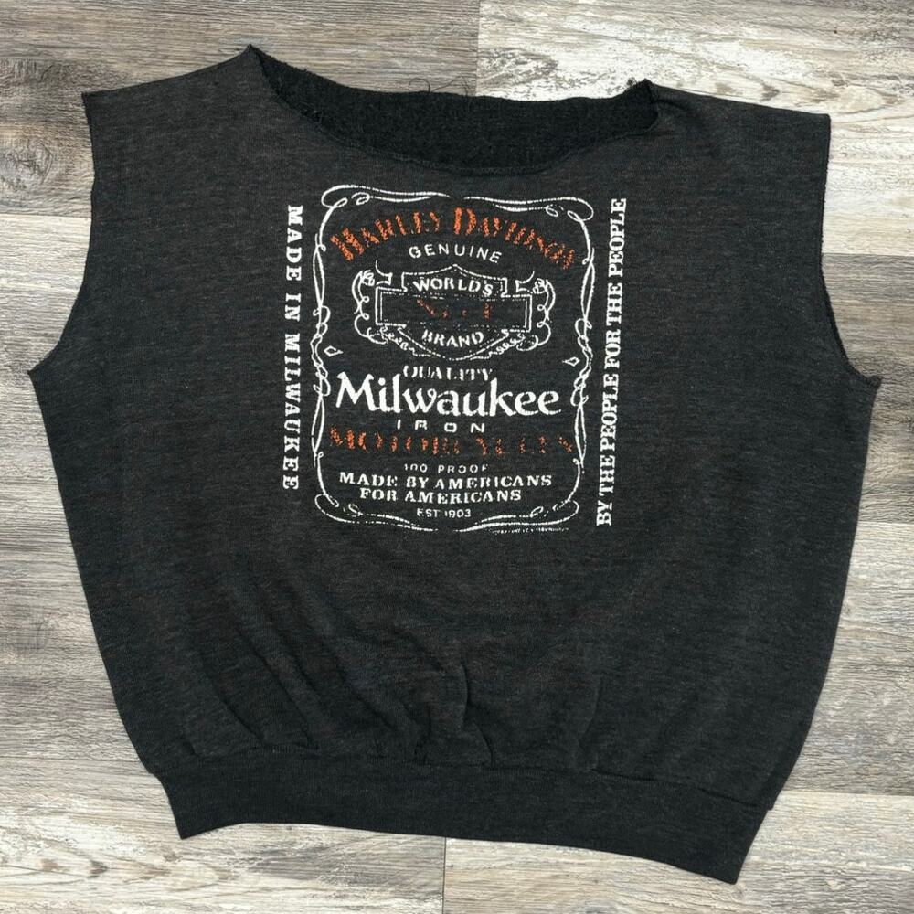 Vintage 80s Harley Davidson Jack Daniels‎ Mens L Biker Cutoff Sleeves Sweatshirt